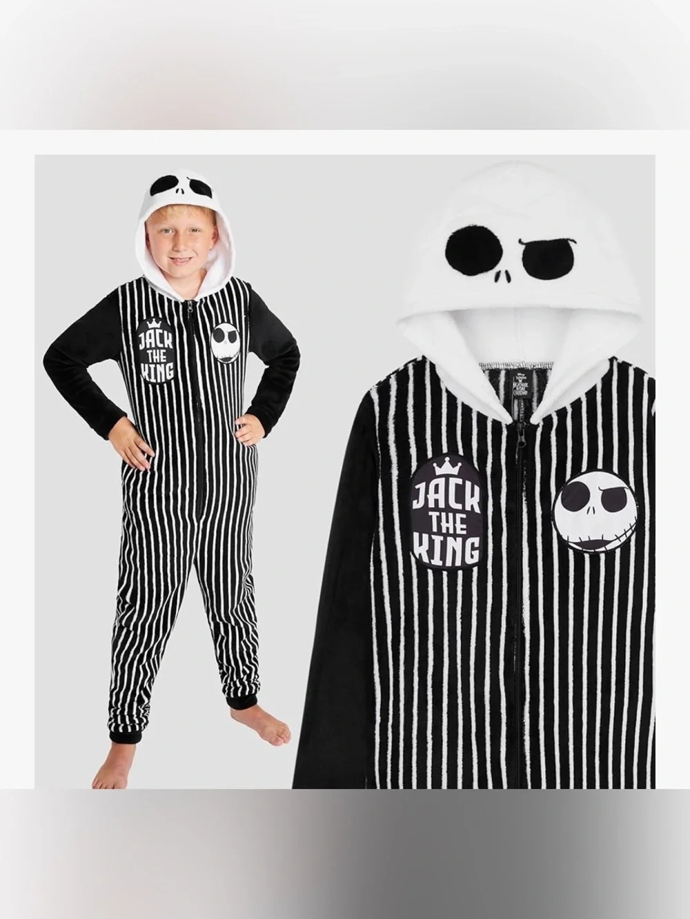 Disney jack skellington  Kids Fleece Jumpsuit with Hood Pockets One-Piece